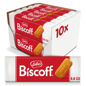 Lotus Biscoff caramelized biscuit cookies in a 10-pack, ideal for coffee pairing.