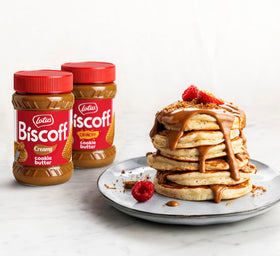 Biscoff cookie butter atop pancakes as a gentle sweetness