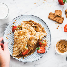 Belgian-made Biscoff cookie butter ingredients label with vegan, non-GMO notes