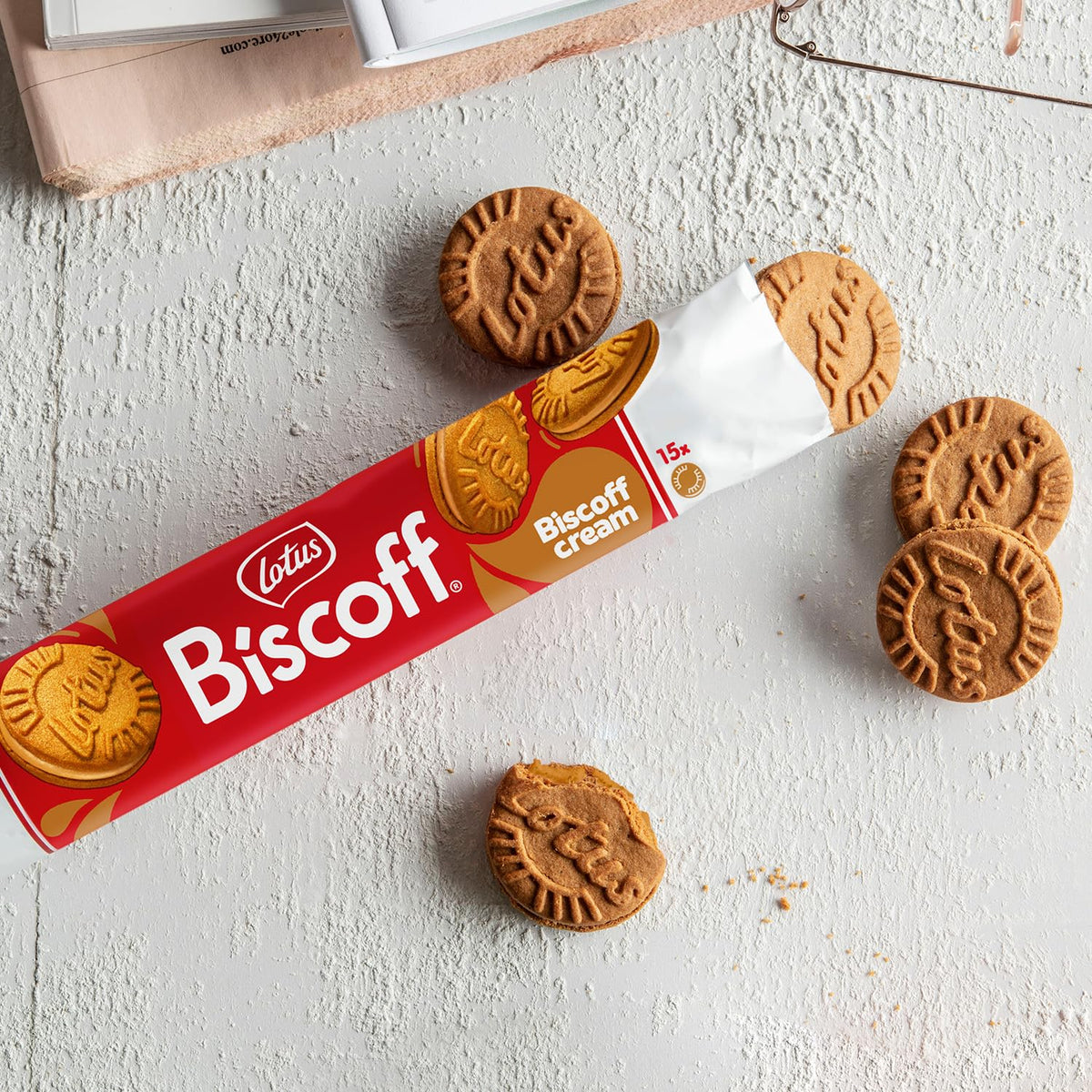 Cookies on a wooden surface highlighting convenient pack design.