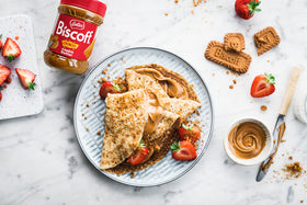 Close-up of Biscoff texture with caramel notes.
