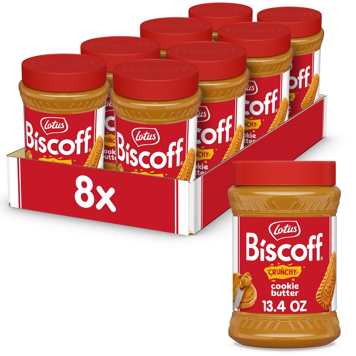 Biscoff Crunchy Cookie Butter jar open with cookie bits for toast.
