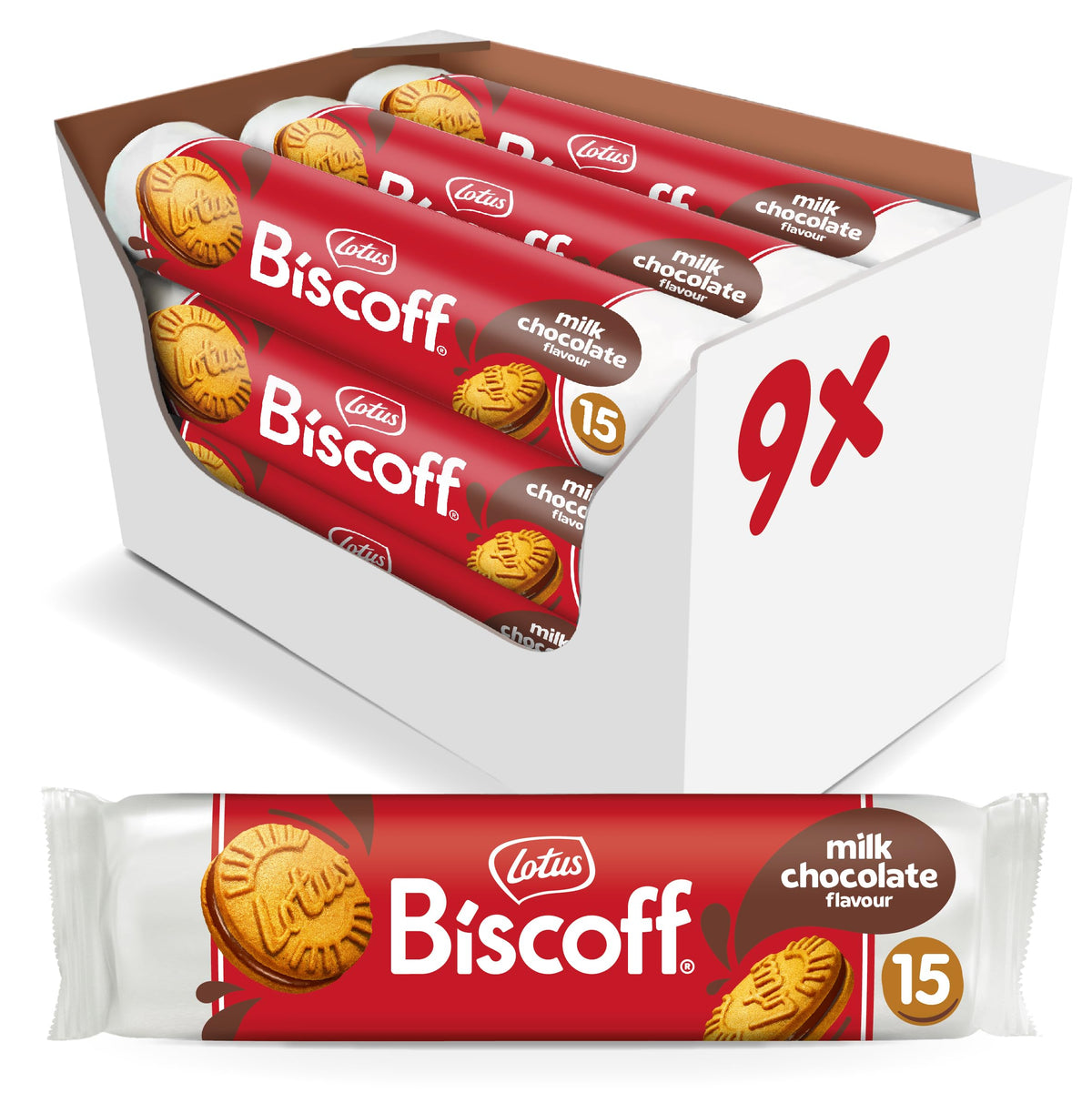 Biscoff Lotus milk chocolate cream sandwich cookies in a nine-pack, ideal for sharing