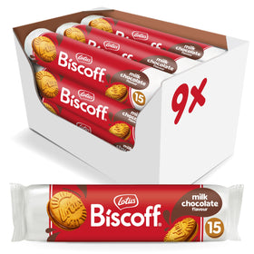 Biscoff Lotus milk chocolate cream sandwich cookies in a nine-pack, ideal for sharing