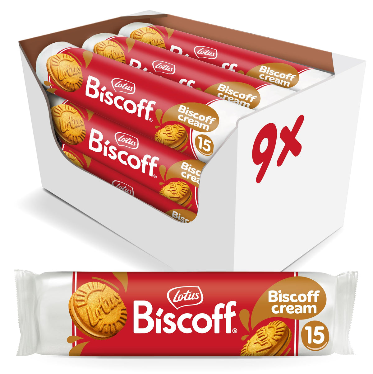 Biscoff sandwich cookies with cream in a nine-pack, ideal for sharing.