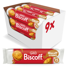Biscoff sandwich cookies with cream in a nine-pack, ideal for sharing.