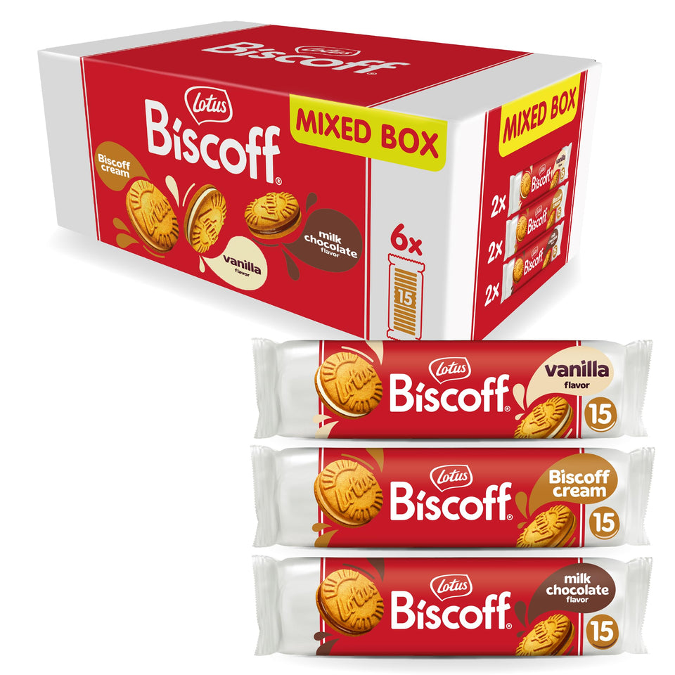 Biscoff sandwich cookies variety pack on packaging, ideal for sharing with friends and family.