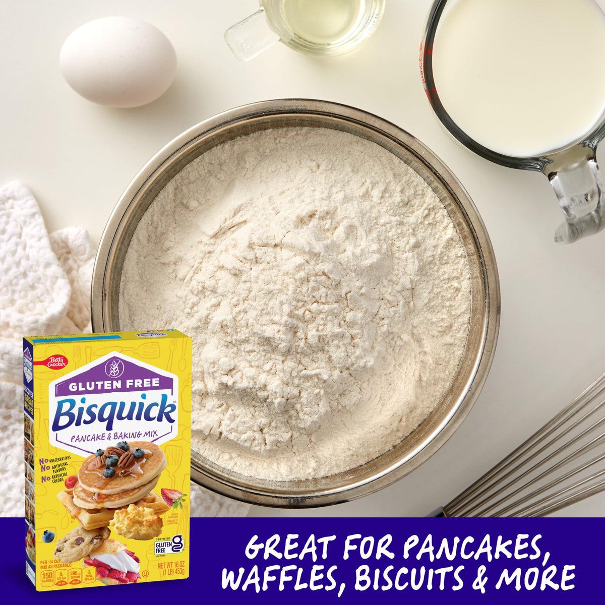 Bisquick gluten free pancake mix box assembly highlights versatile baking uses beyond pancakes.