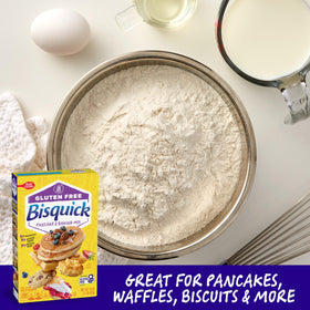 Bisquick gluten free pancake mix box assembly highlights versatile baking uses beyond pancakes.
