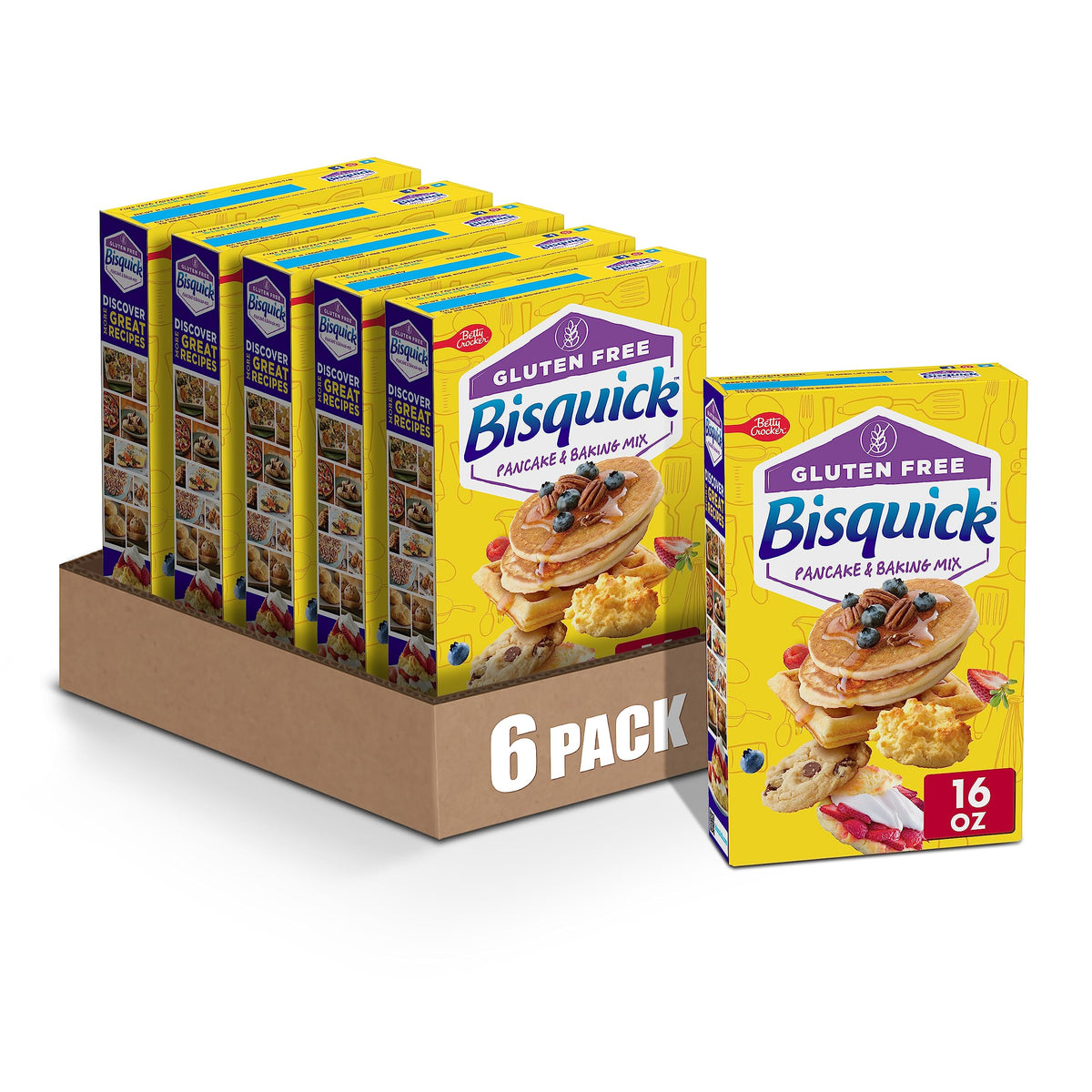 Bisquick gluten free pancake mix pack front, quick gluten-free breakfast option.