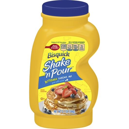 Bisquick Shake'N Pour bottle ready for quick pancake batter on busy mornings.