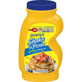 Bisquick Shake'N Pour bottle ready for quick pancake batter on busy mornings.