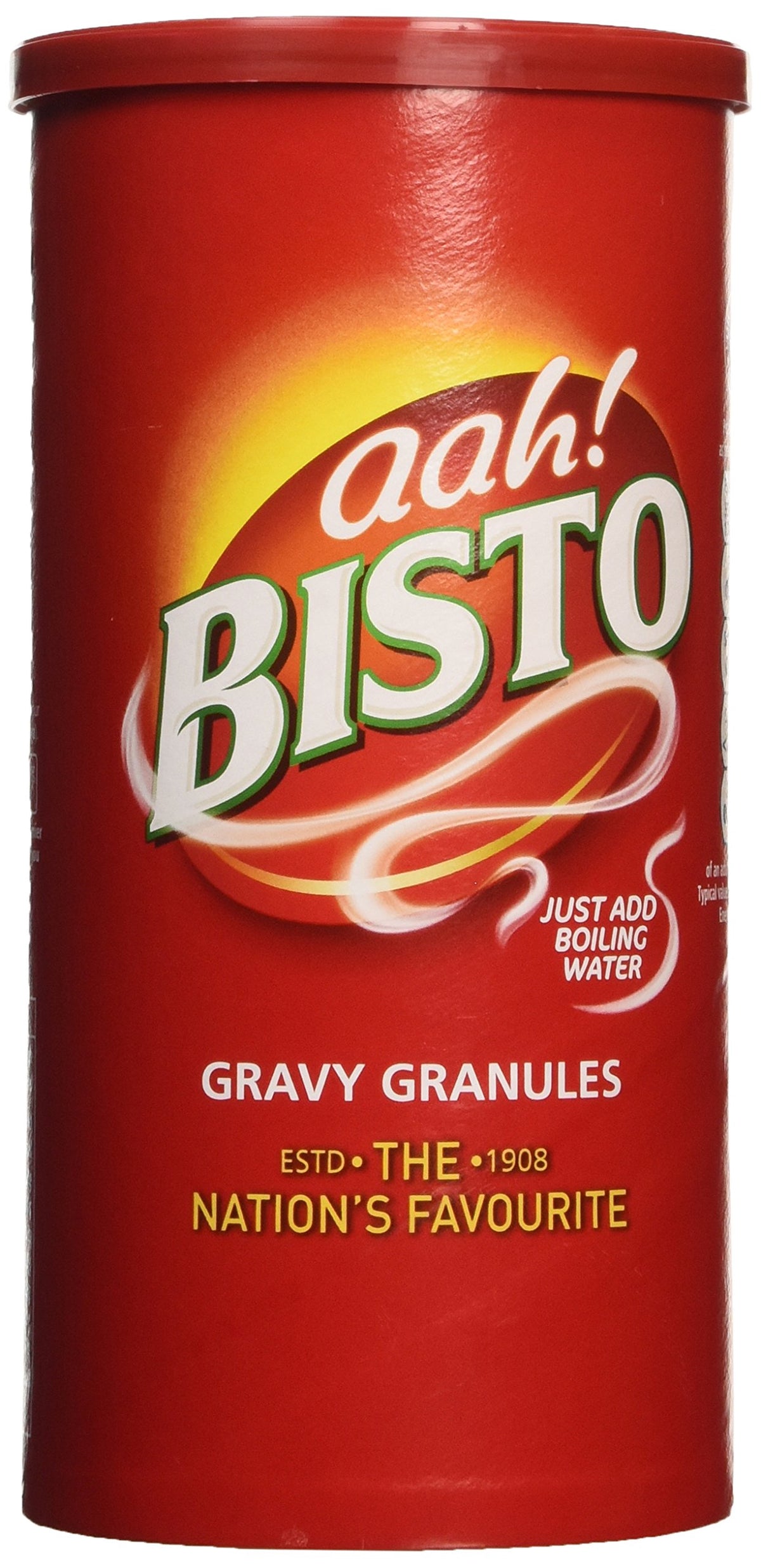 Bisto Beef Gravy Granules tub close-up highlighting rich flavour ready in seconds
