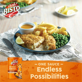 Bisto Chip Shop Curry Sauce Granules jar on a cupboard shelf, ideal kitchen staple.