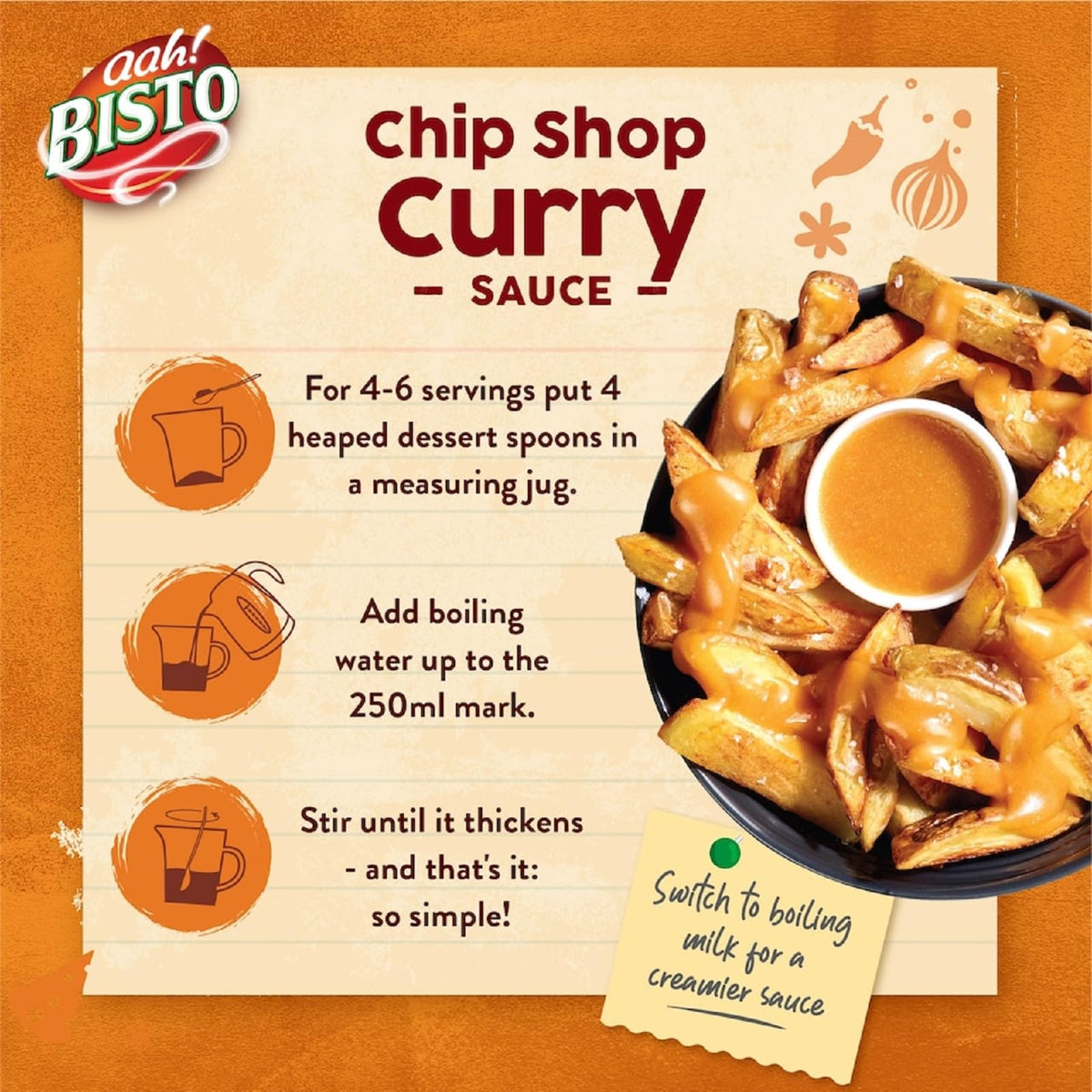 Bisto Chip Shop Curry Sauce Granules kitchen scene, perfect for home-cooked chip shop flavors.