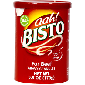 Bisto Gravy Mix canister front view; quick, flavorful gravy ready in minutes.