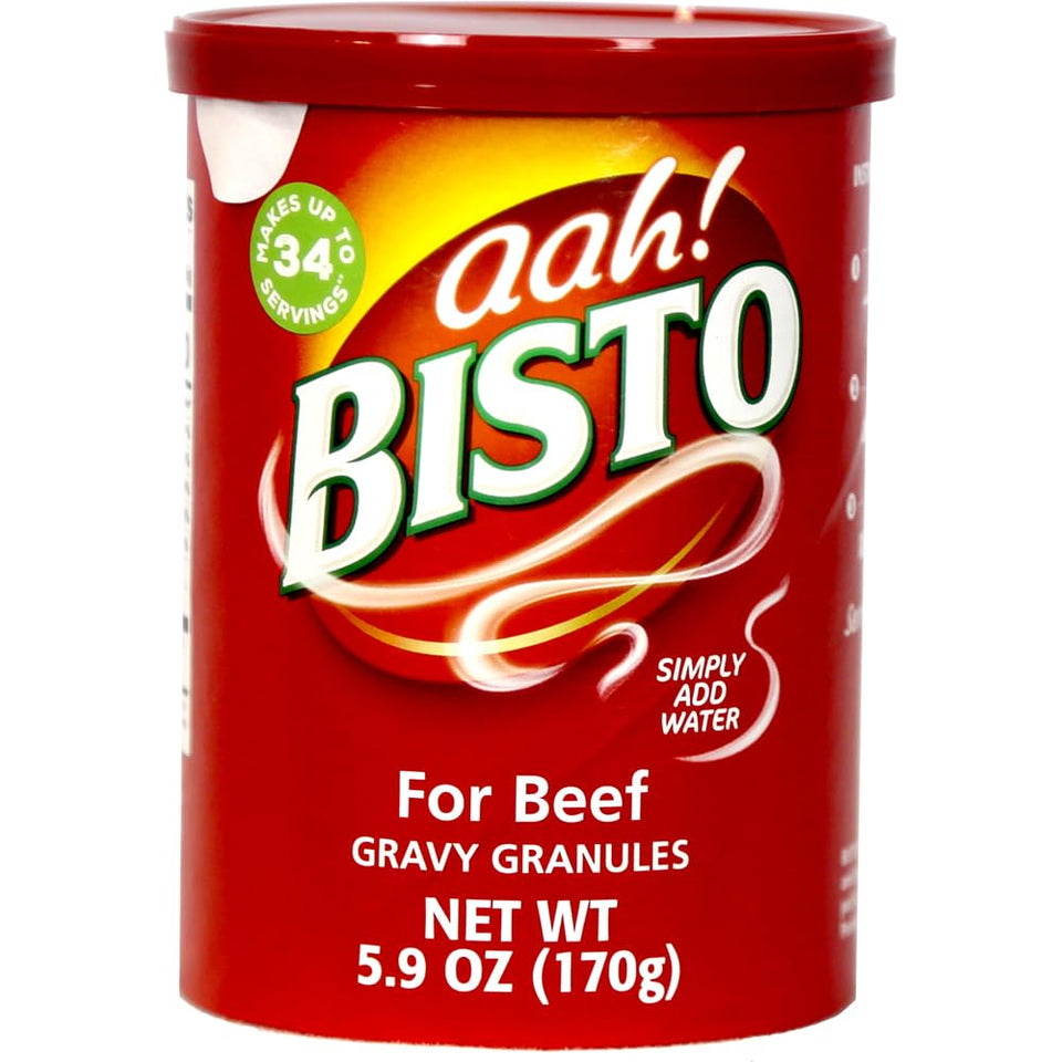 Bisto Gravy Mix canister front view; quick, flavorful gravy ready in minutes.