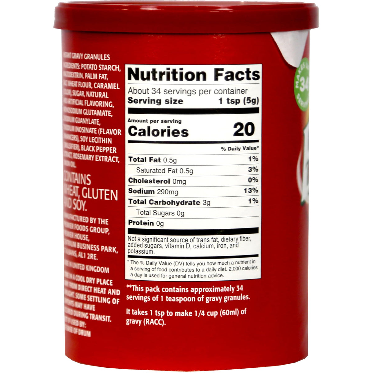 Bisto Gravy Mix canister label back; versatile seasoning for meats and potatoes.