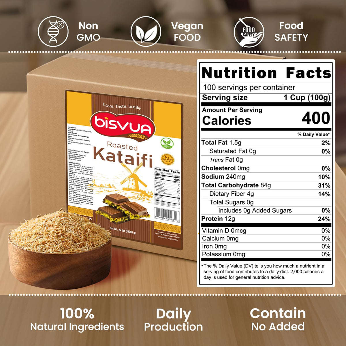 Bisvua golden toasted kataifi dough bulk displayed for crisp kunafa and crunchy desserts.