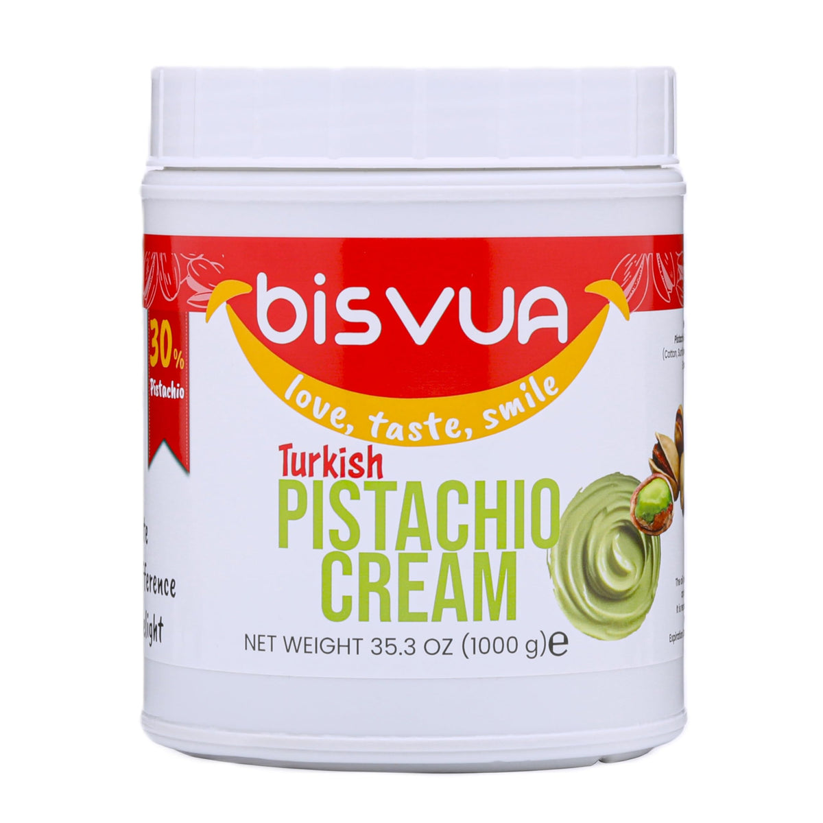 Bisvua Pistachio Cream 30 percent in a bulk jar with smooth texture for desserts