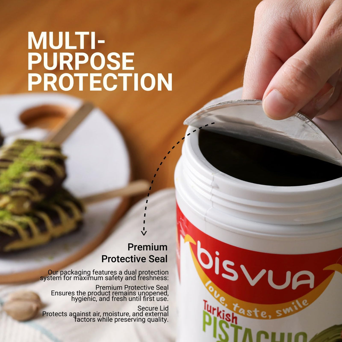 Bisvua Pistachio Cream 30 percent label highlights no palm oil and clean ingredients