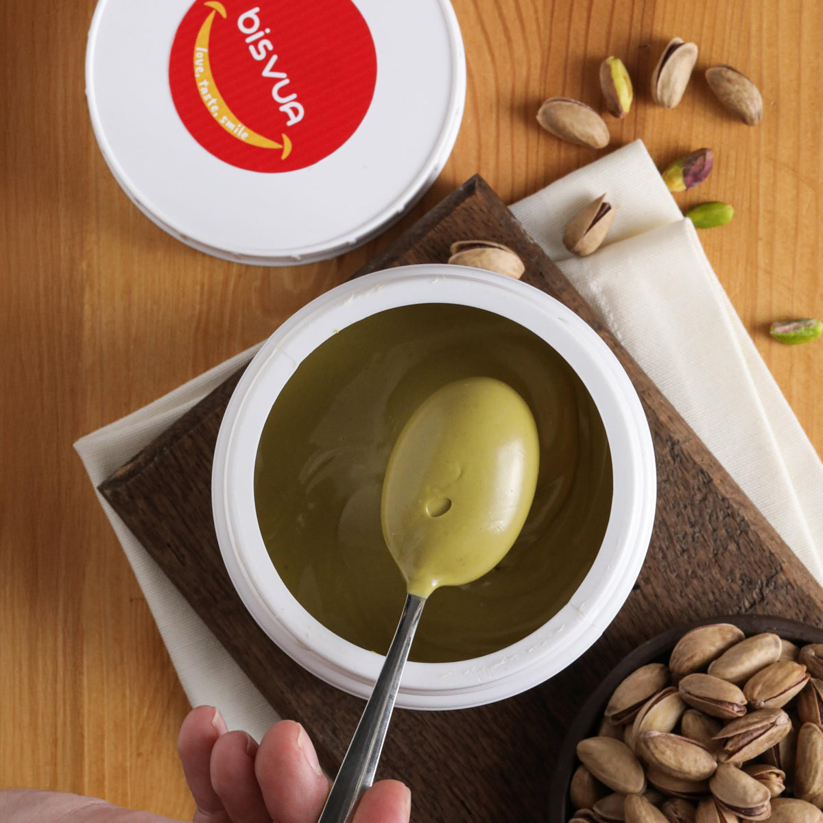 Bisvua Pistachio Cream 30 percent beside baklava for plating inspiration