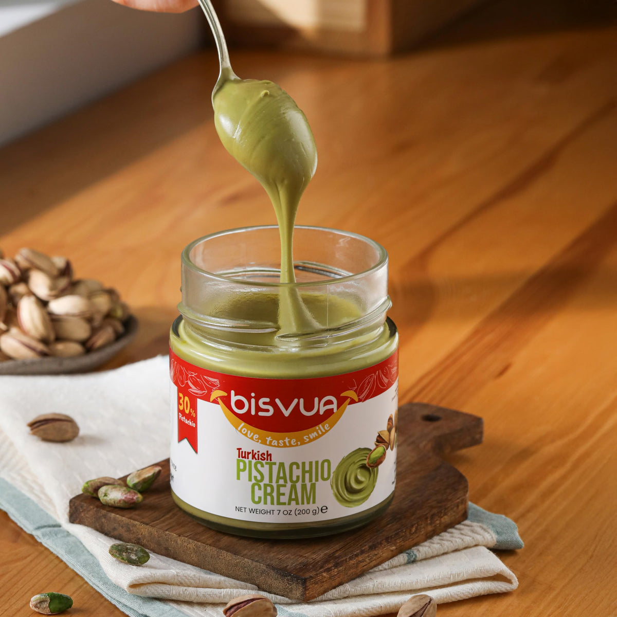 Bisvua Pistachio Cream spread on toast for breakfast