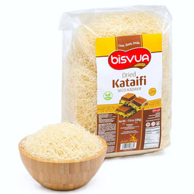 BISVUA Premium Dried Kataifi packaging closeup highlighting freshness and quality.