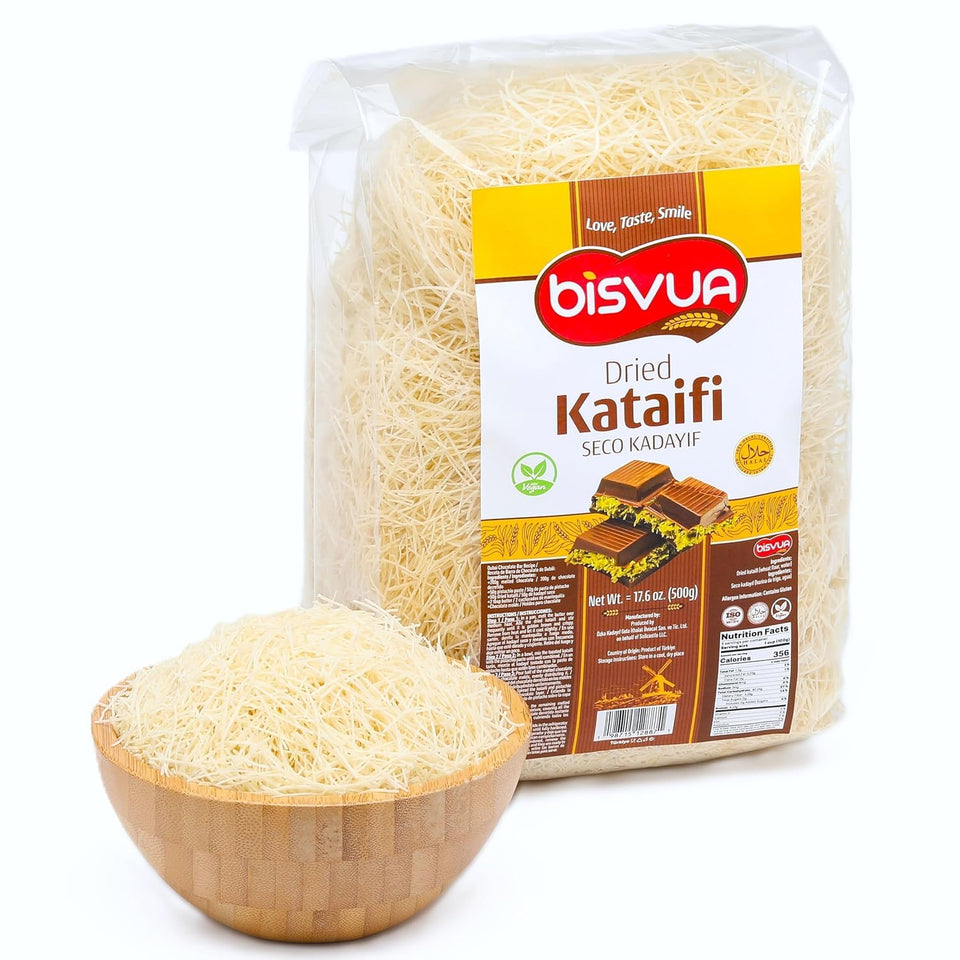BISVUA Premium Dried Kataifi packaging closeup highlighting freshness and quality.