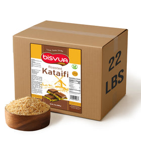 Bisvua premium roasted kataifi 10kg pack shown for bulk dessert prep with consistent crunch.