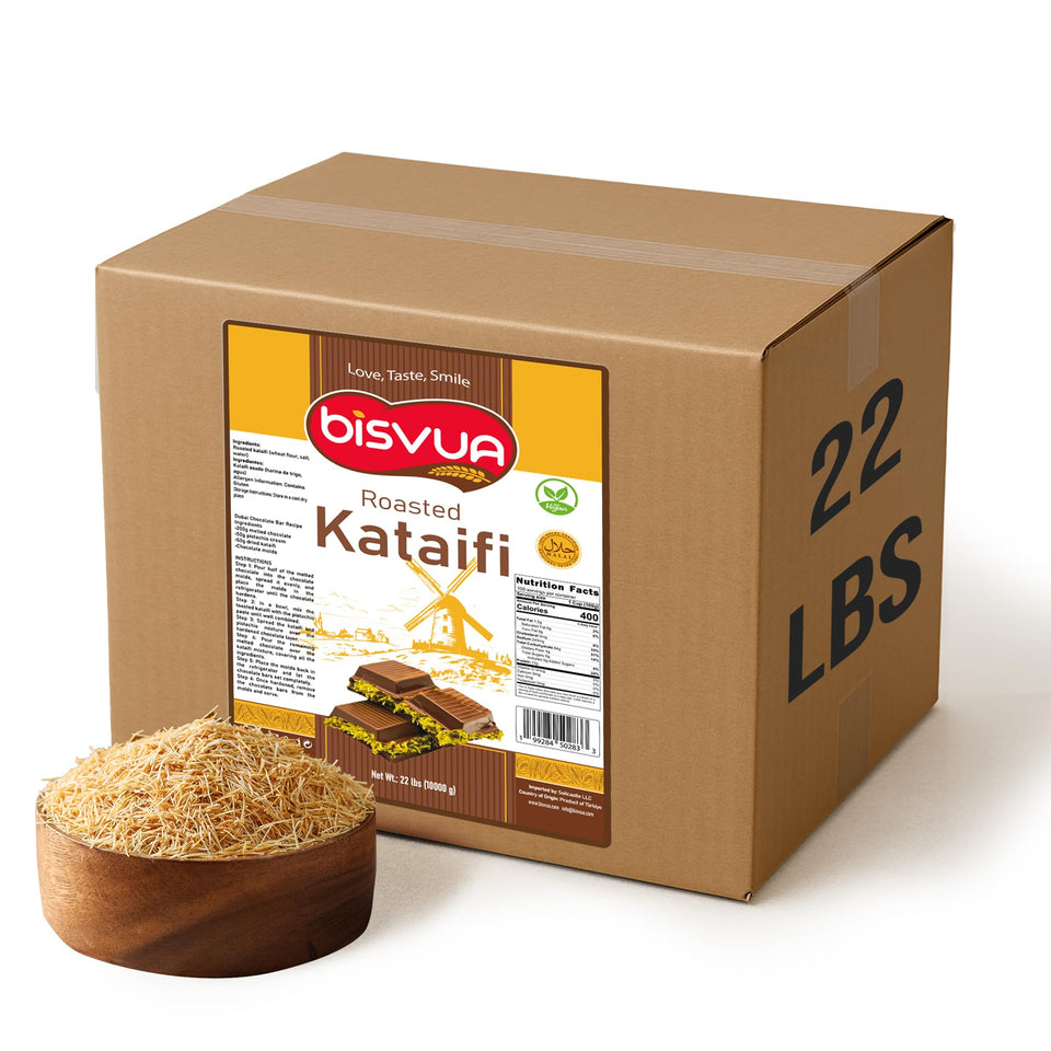 Bisvua premium roasted kataifi 10kg pack shown for bulk dessert prep with consistent crunch.