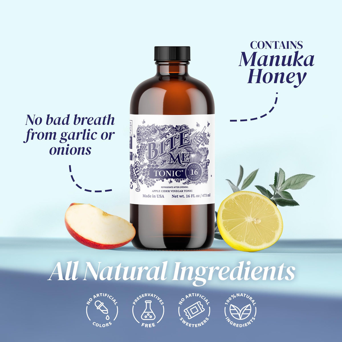 Bite Me Tonic bottle emphasizes botanicals and Manuka honey for natural ingredient appeal.