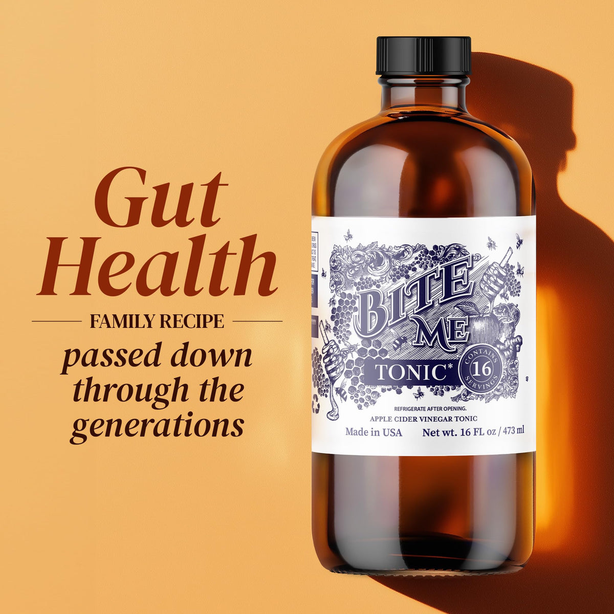 Bite Me Tonic label reveals Manuka honey from our own hives for authentic sweetness.