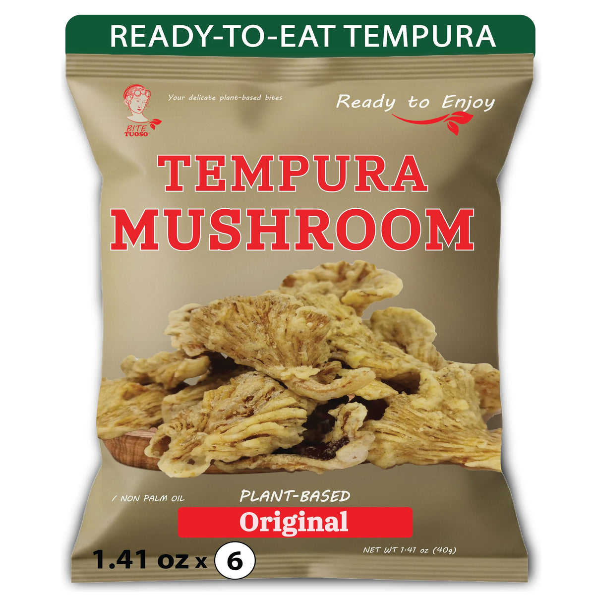 Bitetuoso Tempura Mushroom Chips original pack on table, ideal party appetizer.