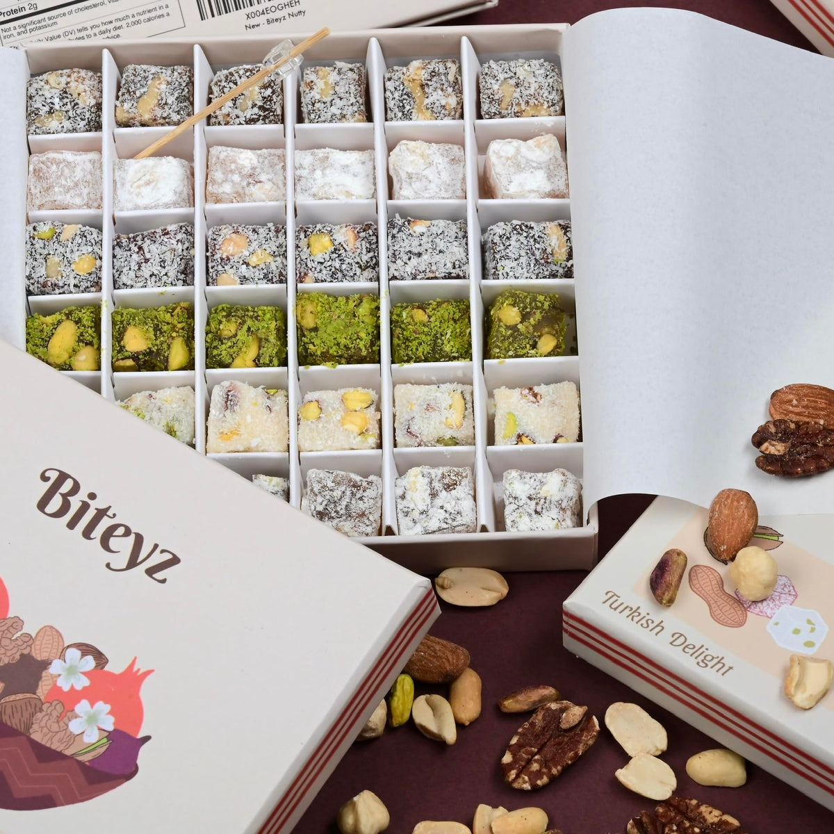 Biteyz Nutty Turkish Delight glossy coating close-up — enticing detail for the senses