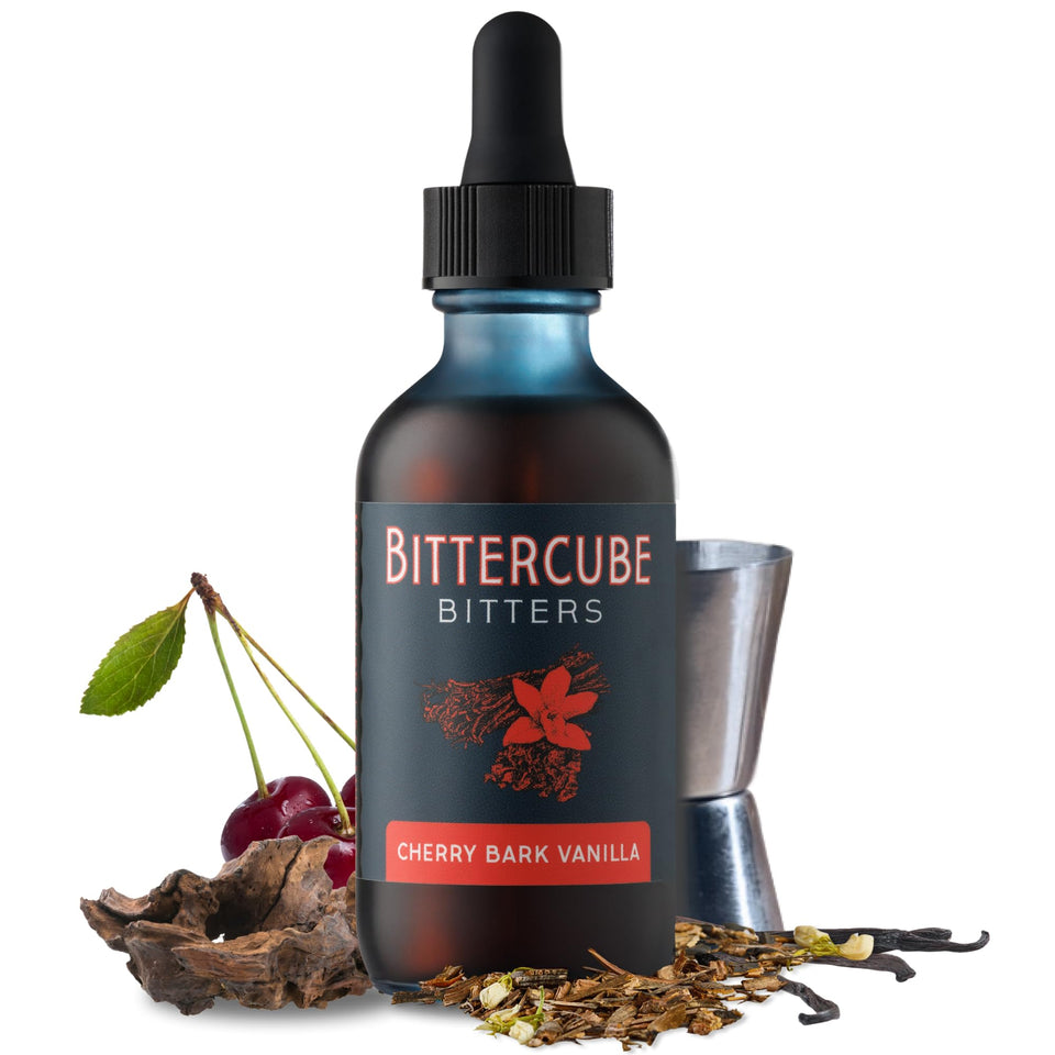 Bittercube Cherry Bark Vanilla bottle pour reveals aromatic woodsy notes for complex cocktails.