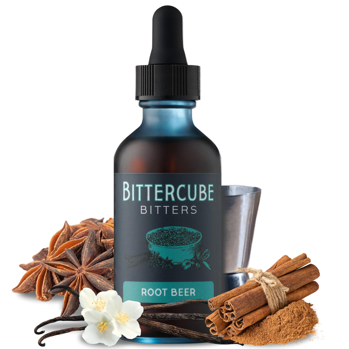 Bittercube Root Beer bitters bottle pour highlights botanical blend for cocktails.
