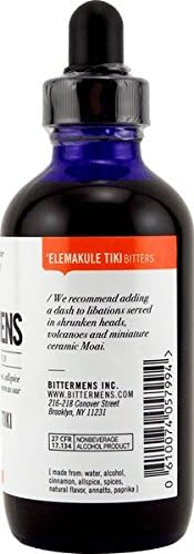 Bittermens Elemakule Tiki Bitters label close-up highlights tropical spice blend.