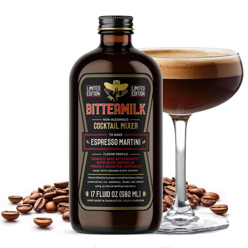 Bittermilk Espresso Martini Mixer bottle on a bar, ready for quick at-home cocktails.