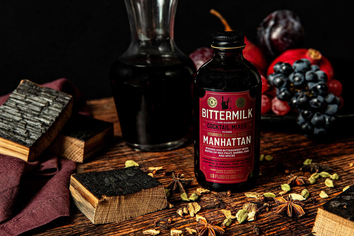 Bittermilk Manhattan mix packaging box on a stylish bar cart