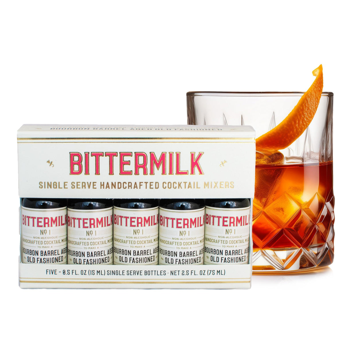 Bittermilk No.1 Old Fashioned bottle with bourbon-barrel flavors for home cocktails.