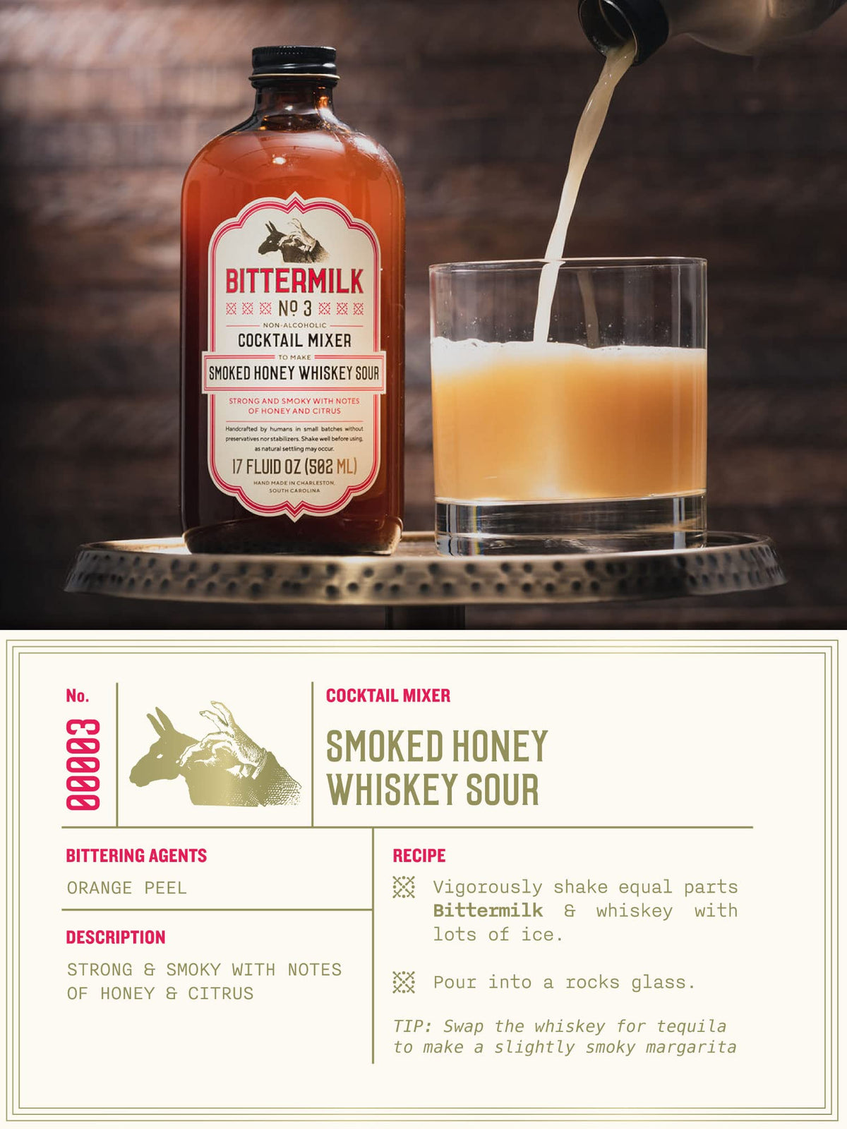 Bittermilk No.3 bottle pour demonstrates quick shake-and-pour cocktail prep.