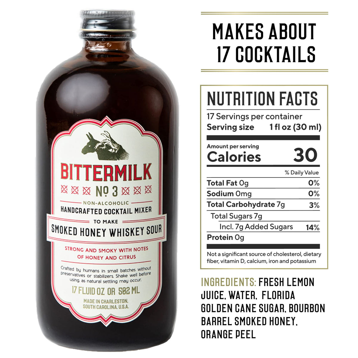 Bittermilk No.3 ingredients glass highlights lemon, honey, and orange peels for bright drinks.