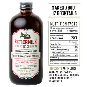 Bittermilk No.3 ingredients glass highlights lemon, honey, and orange peels for bright drinks.