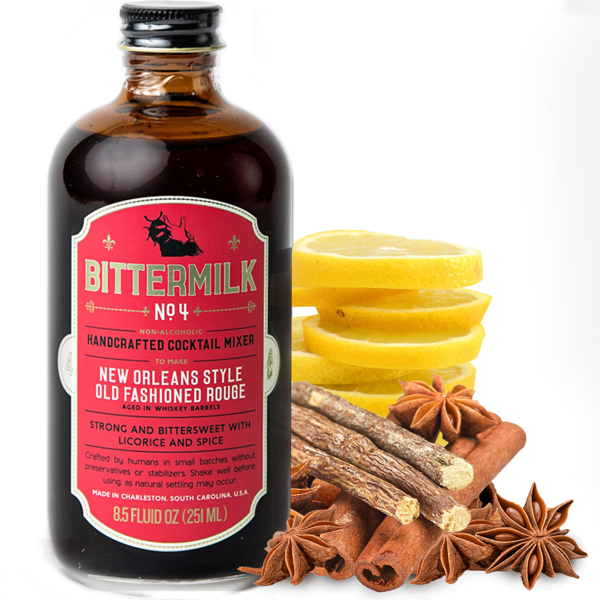 Bittermilk No.4 Rouge bottle label art emphasizes brand identity.