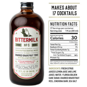 Bittermilk No.5 bottle poured into a glass for bright cocktails.