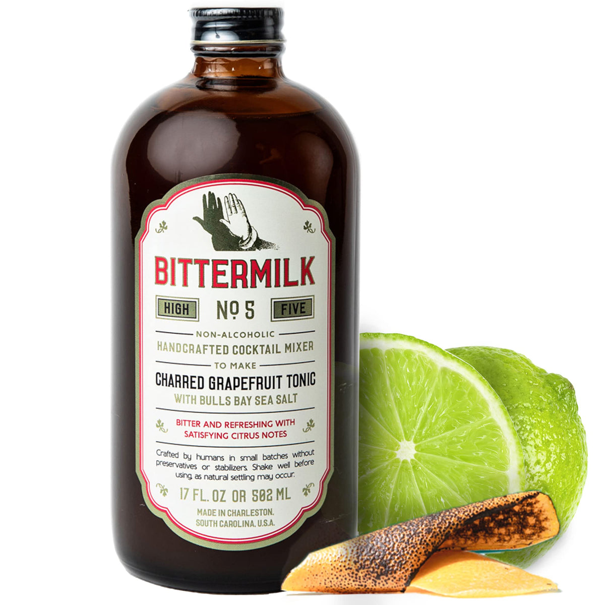 Bittermilk No.5 bottle with charred grapefruit peel aroma enhances cocktails.