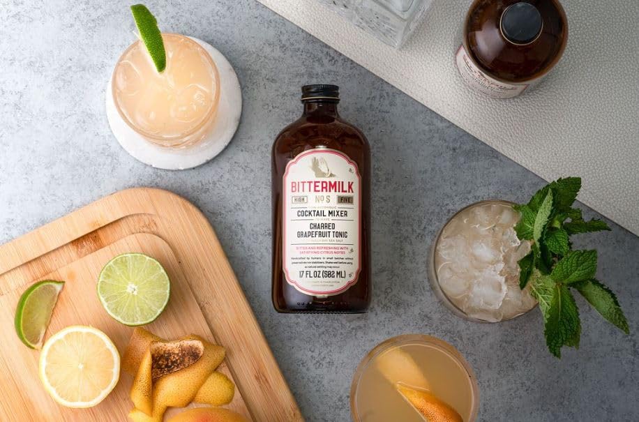Bittermilk No.5 bottle with sea salt branding hints at nuanced flavor.