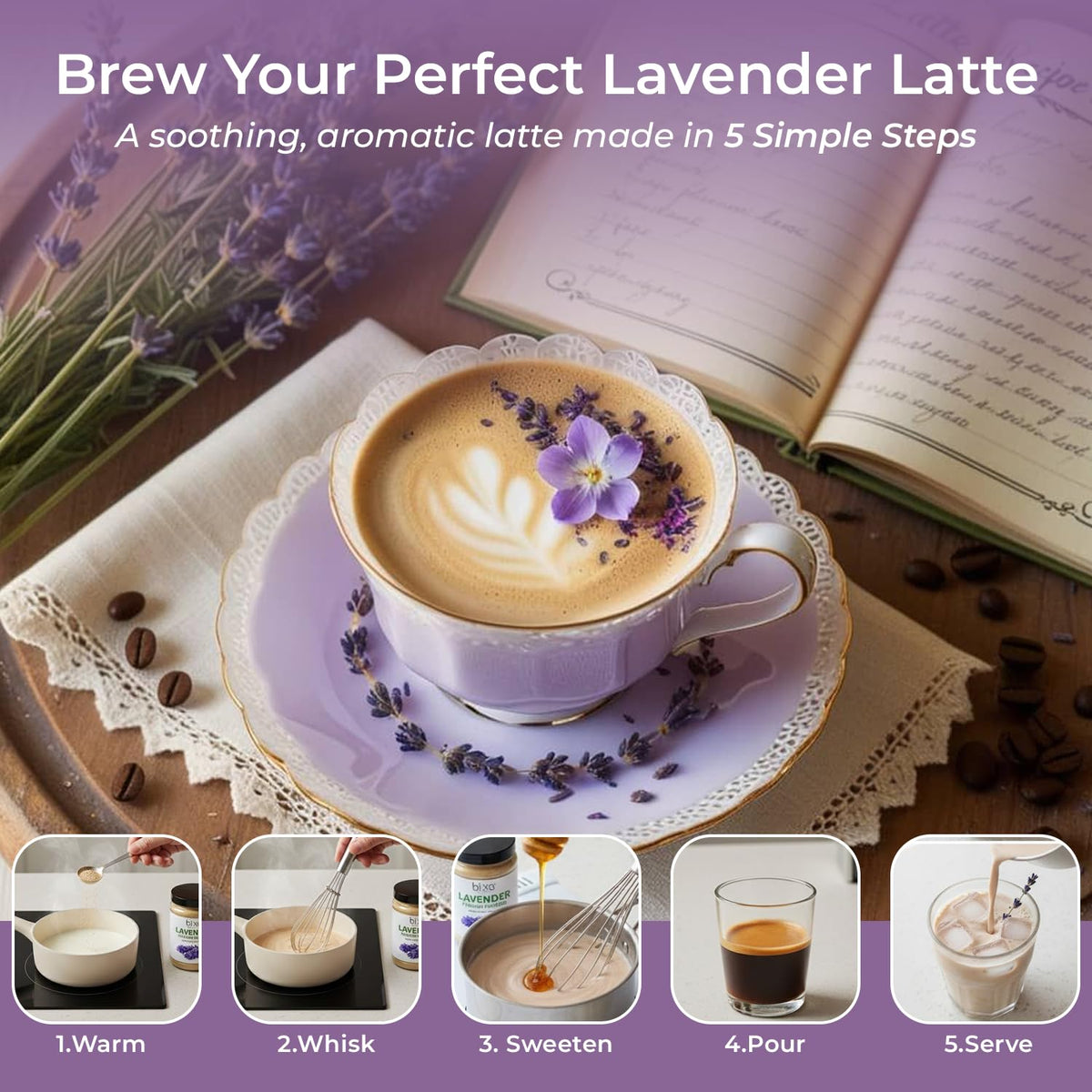 bixa BOTANICAL Lavender Powder in recipe bowls, naturally pure