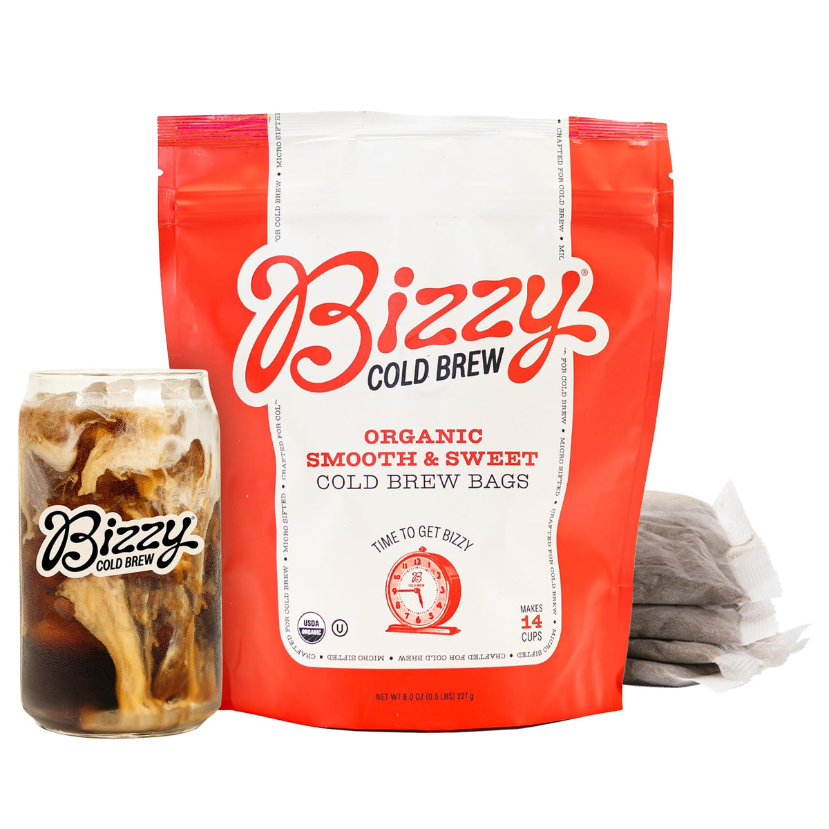 Bizzy Organic Cold Brew close-up of coarse-ground brew bags for quick brewing
